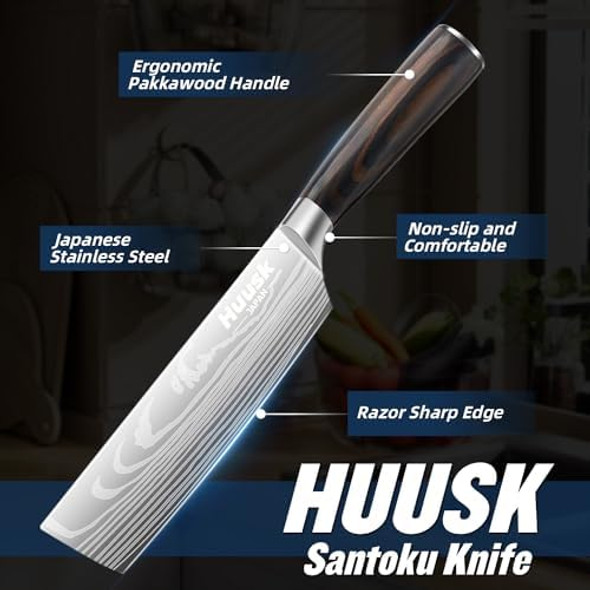Huusk Nakiri Chef Knife - 6.8 Inch Cleaver And Vegetable Knife Bundle With Boning Knife For Meat Cutting For Dad