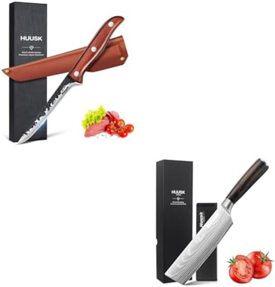 Huusk Nakiri Chef Knife - 6.8 Inch Cleaver And Vegetable Knife Bundle With Boning Knife For Meat Cutting For Dad Huusk Nakiri Chef Knife - 6.8 Inch Cleaver And Vegetable Knife Bundle With Boning Knife For Meat Cutting For Dad