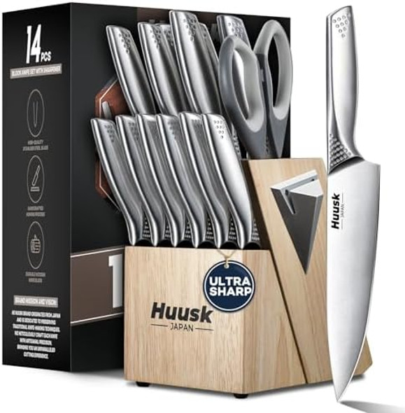 Huusk Knife Set With Block And Sharpener Sharp Silver Professional Knives Set With Box For Kitchen Serbian Chef Knife For Dad