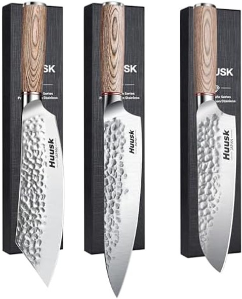 Huusk Japan 3-Piece Knife Set - Professional High Carbon Steel Chef Butcher And Santoku Knives With Pakkawood Handles Huusk Japan 3-Piece Knife Set - Professional High Carbon Steel Chef Butcher And Santoku Knives With Pakkawood Handles