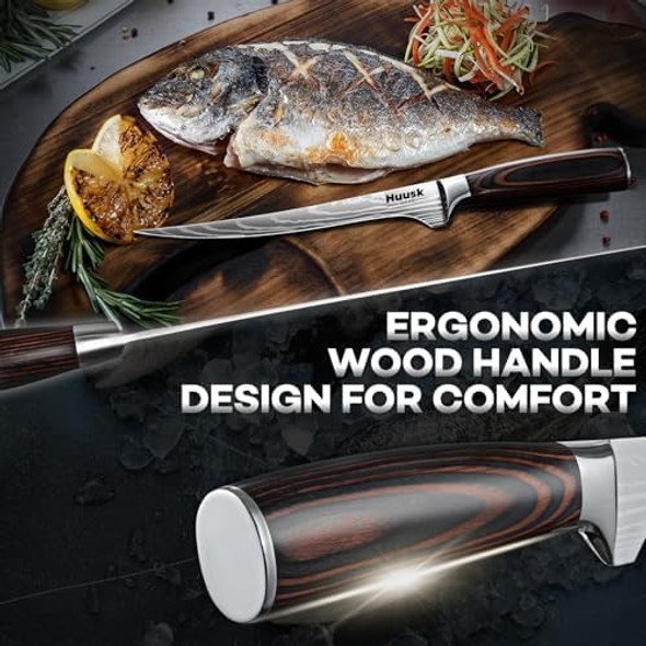 Huusk Filet Knife For Fish - 7 Inch Fish Fillet Knife Bundle With A Damascus Chef Knife Set 3 Pcsflexible Boning Knives For Meat Cutting Professional Japanese Fishing Knives For Meat Poultry Cutting