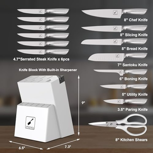 Imarku Knife Set Japanese Hc Stainless Steel 15 Pcs Kitchen Knife Set With Block With Built-In Sharpener Razor-Sharp Blade Knife Block Set With Dotted Ergomomic Handle Best Birthday s White