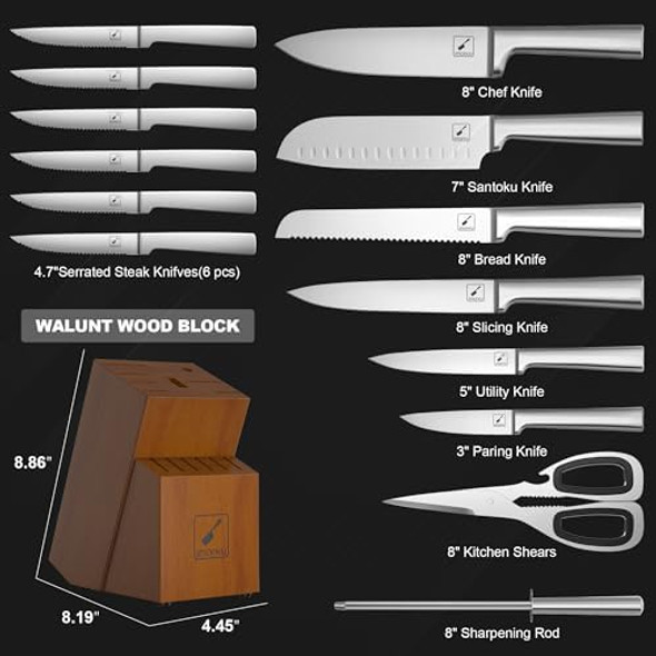 Knife Set - Imarku Kitchen Knife Set 15 Piece Japanese Stainless Steel Knife Block Set With Sharpener - Dishwasher Safe Kitchen Knives - Ultra Sharp Chef Knife Set For Kitchen Silver