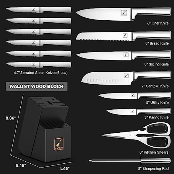 Imarku Knife Set - 15Pcs Kitchen Knife Set Japanese High Carbon Stainless Steel Knives Set For Kitchen Dishwasher Safe Ultra Sharp Professional Chef Well Balance Knife Block Set Black