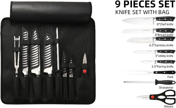 Knife Set Roll Bag 8 Pieces German High Carbon Stainless Steel Chef Knives With Hollow Handle Portable Knife Roll Storage Bag Blade Guards Kitchen Shears For Outdoor Camping Travel