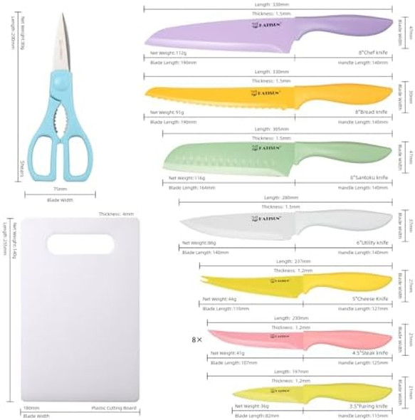 Knife Set With Kitchen Cutting Board，30 Piece Colour Coding Stainless Steel Boxed Knives Set With Kitchen Shears，14 Knives With 14 Blade Covers，Anti-Rust And Dishwasher Safe
