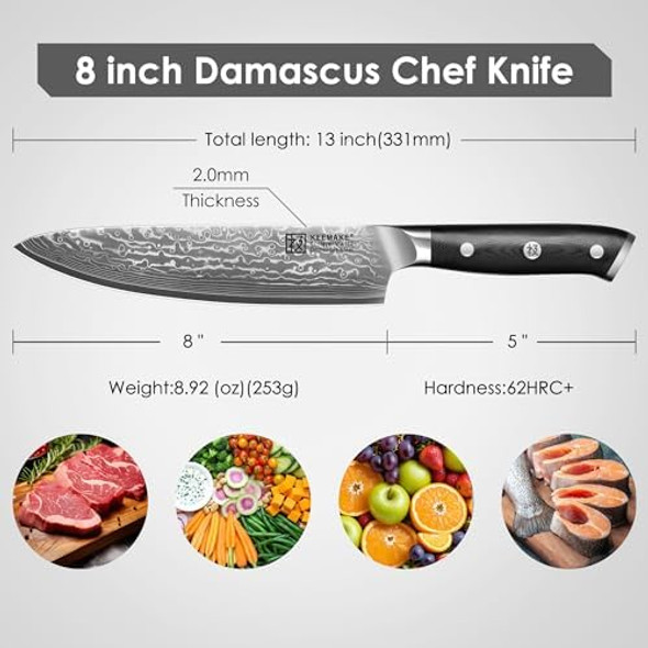 Keemake Damascus Kitchen Knife 8" Chef Knife And 5" Kitchen Utility Knife Japanese Kitchen Knife With G10 Handle