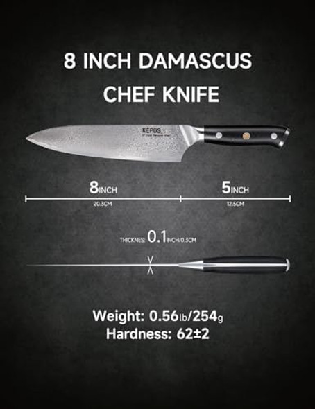 8 Inch Japanese Vg-10 Damascus Chef Knife - 67-Layer Forged Blade Ultra Sharp 12° Edge Ergonomic G-10 Handle Honbazuke Mirror Polish Lifetime Sharpness With Box