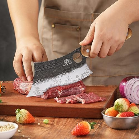 3 Pcs Butcher Knife Set Kaloo 7" Butcher Meat Cleaver 7" Serbian Chef Knife And 6.5" Viking Knife Hand Forged Butcher Knives With Wood Handle For Home Outdoor Cooking Camping Bbq