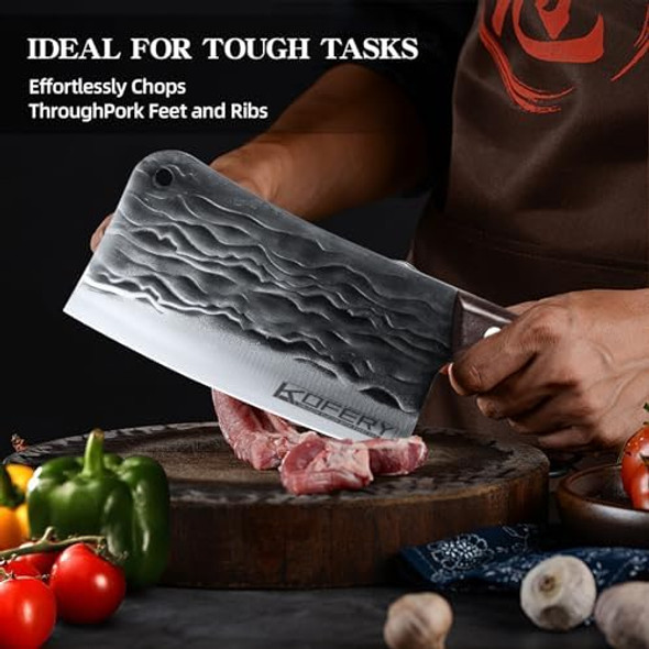 Kofery 7.3-Inch Hand Forged Heavy Duty Meat Cleaver - High Carbon Stainless Steel Butcher Knife With Wooden Handle For Precision Meat Cutting And Chopping