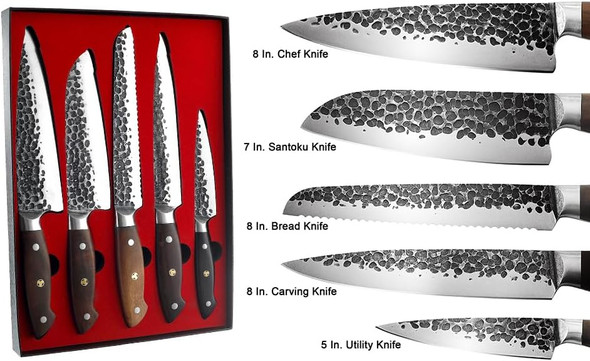 Konoll Kitchen Knife Block Set Japanese Aus-8 Steel Forged Handmade Chef Knife Box Set Ultra Sharp With Full Tang Wood Handle