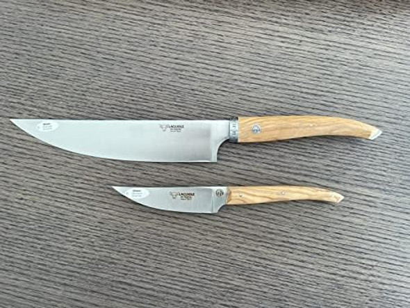 Laguiole En Aubrac Cuisine Gourmet Stainless Fully Forged Steel Made In France Essential 2-Piece Premium Kitchen Knife Set With Olivewood Handles 8-Chef Knife And 4-In Paring Knife