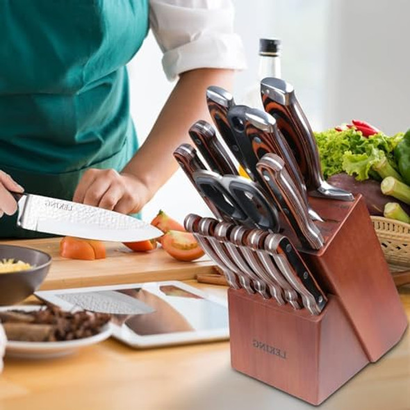 Leking 15-Piece Block Knife Set With Wooden Block Premium High Carbon Stainless Steel Chef Knife Set With Pakka Wooden Handle Kitchen Knife Sets With Sharpener Knives Set Scissor 6 Steak Knives