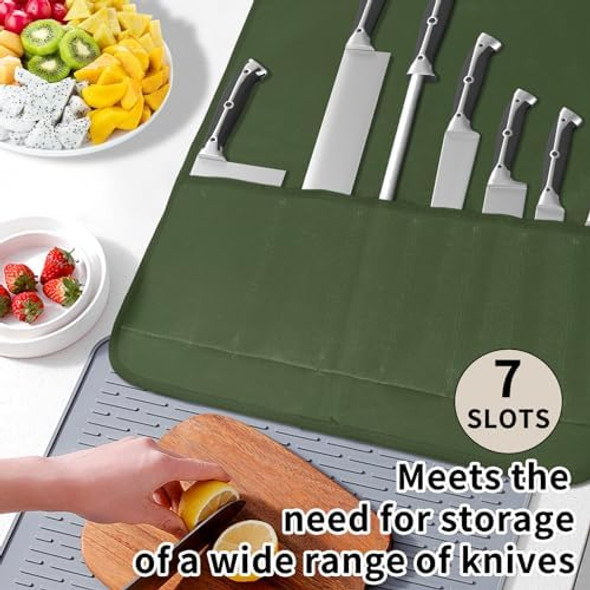 Knife Roll Chef Knife Bag Waxed Canvas Heavy Duty Knife Pouch With 7 Slots Knife Bags For Chefs Professional With Knife Tip Protectors Tool Storage Roll For Kitchen Travel Camping (Green)