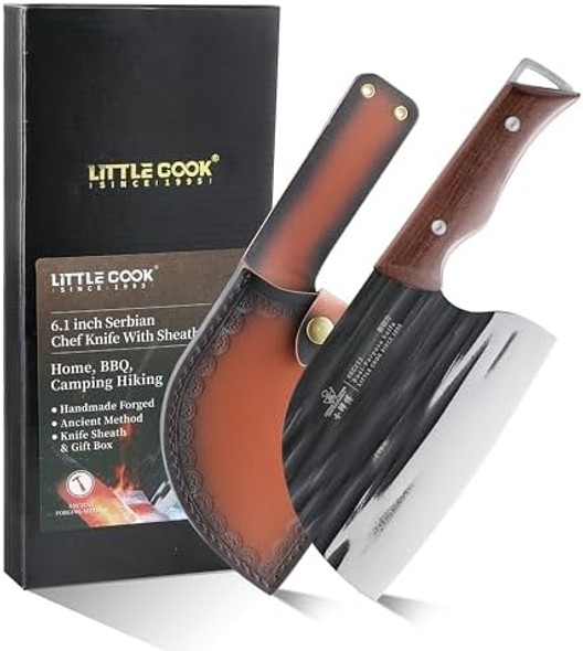 Serbain Chef Knife Little Cook 6.1 Inch Ancient Forged Meat Cleaver Butcher Knife With Ergonomic Wood Handle Leather Sheath & Box Included