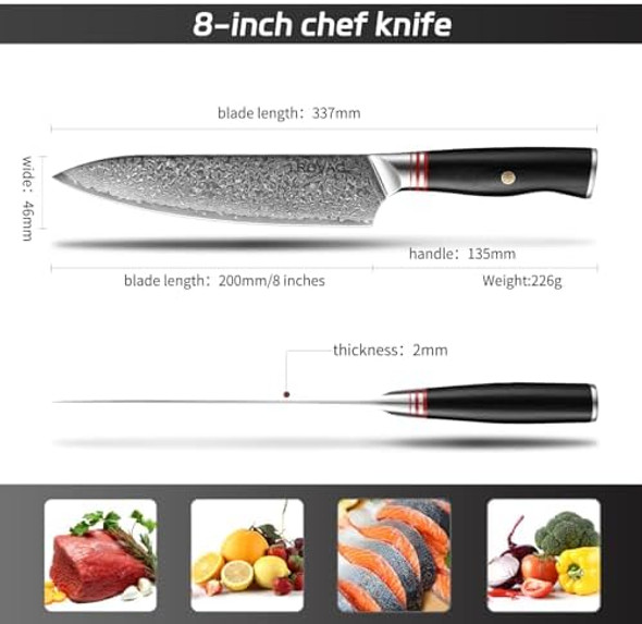 Chef Knife 8 Inch Damascus Steel Kitchen Knifesuper Sharp Cooking Knifeprofessional Sushi Knifecarving Knife And Fish Fillet Knifehigh Carbon Super Steel Vg10 Steel Core