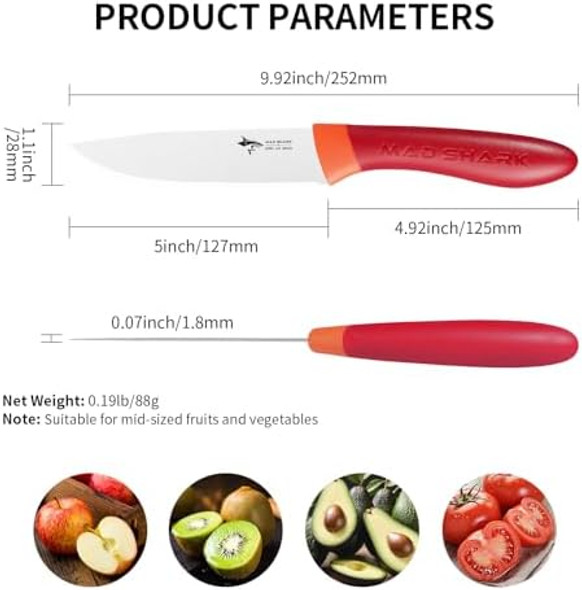 Mad Shark Paring Knife 5 Inch Ultra Sharp Fruit Knife Small Kitchen Knife German Stainless Steel Ergonomic Handle Design For Precise Cutting Peeling Slicing (Red)