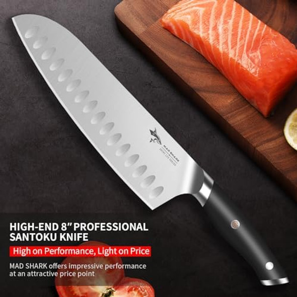 Mad Shark Kitchen Knife Professional 8-Inch Santoku Knife Made Of German High Carbon Stainless Steel Non-Stick Ultra Sharp Kitchen Knife With Ergonomic Handle Box