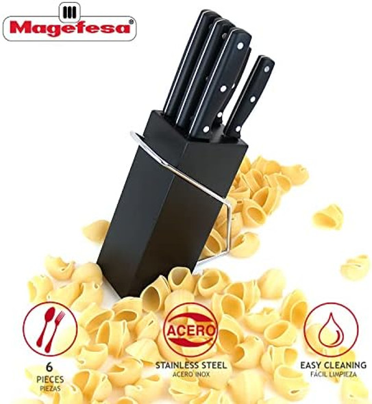 Magefesa Blade - Kitchen Knives Set 5 Pieces Peeler Utility Fillet Bread Chef Stainless Steel With Ergonomic Handles Includes A Wooden Support To Place The Knives. Magefesa Blade - Kitchen Knives Set 5 Pieces Peeler Utility Fillet Bread Chef Stainless Steel With Ergonomic Handles Includes A Wooden Support To Place The Knives.