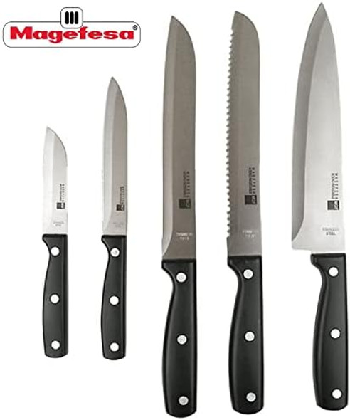 Magefesa Blade 5-Piece Kitchen Knives Set Includes Peeler Utility Fillet Bread & Chef Knife Made Of Stainless Steel Ergonomic Handles Wooden Storage Block Included