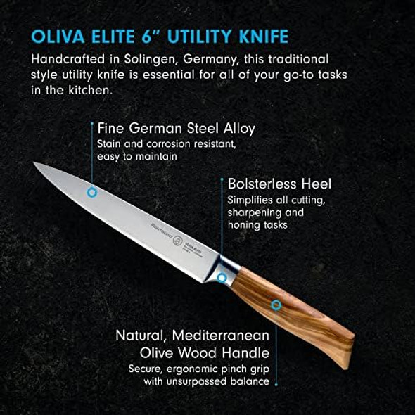 Messermeister Oliva Elite 6” Utility Knife - Fine German Steel Alloy Blade & Natural Mediterranean Olive Wood Handle - Rust Resistant & Easy To Maintain