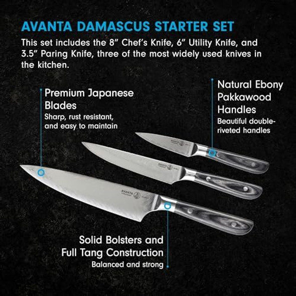 Messermeister Avanta Damascus Forged 3-Piece Pakkawood Starter Set - Includes 8” Chef’S 6” Utility & 3” Paring Knife Messermeister Avanta Damascus Forged 3-Piece Pakkawood Starter Set - Includes 8” Chef’S 6” Utility & 3” Paring Knife