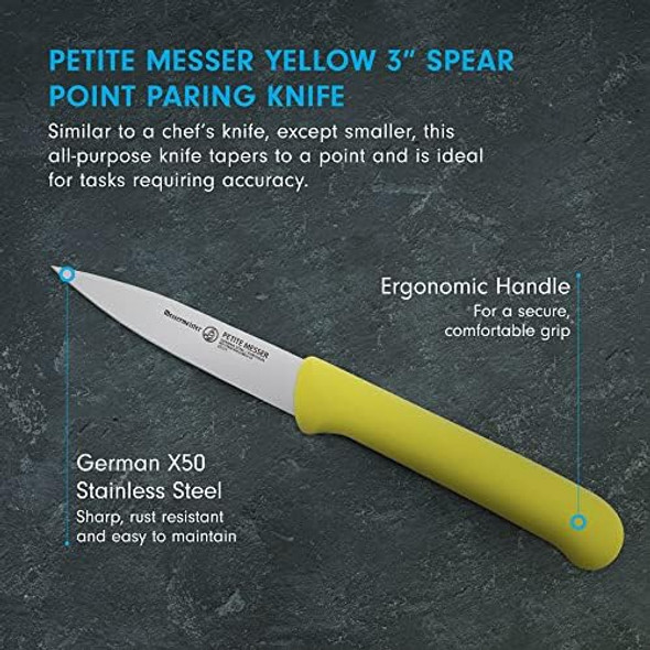 Messermeister Petite Messer 3” Spear Point Parer With Matching Sheath Yellow - German 1.4116 Stainless Steel & Ergonomic Handle - Lightweight Rust Resistant & Easy To Maintain