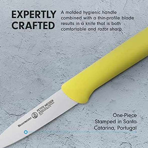 Messermeister Petite Messer 3” Spear Point Parer With Matching Sheath Yellow - German 1.4116 Stainless Steel & Ergonomic Handle - Lightweight Rust Resistant & Easy To Maintain