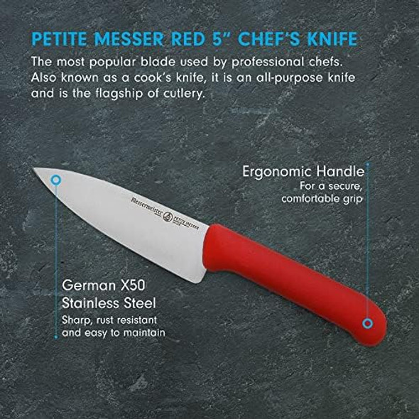 Messermeister Petite Messer 5” Chef’S Knife Red - German 1.4116 Stainless Steel & Ergonomic Handle - Lightweight Rust Resistant & Easy To Maintain