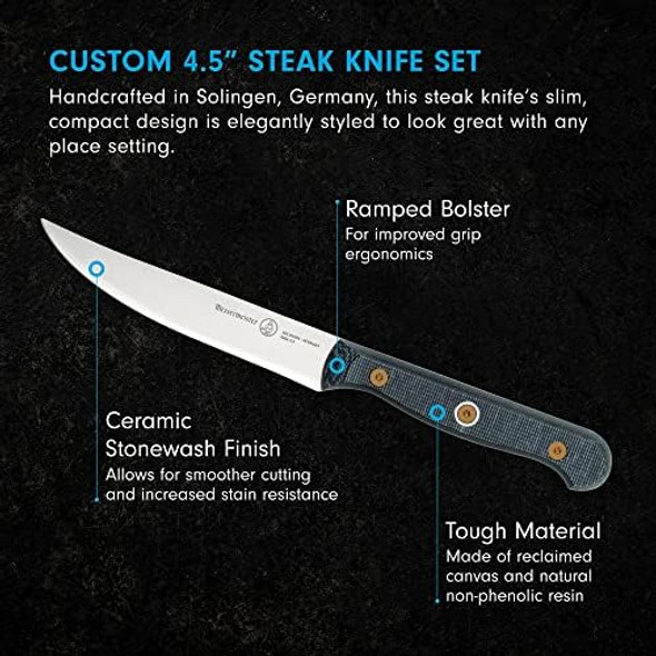 Messermeister Custom 4-Piece Steak Knife Set - X50 German Stainless Steel - Rust Resistant & Easy To Maintain - Made In Solingen Germany Messermeister Custom 4-Piece Steak Knife Set - X50 German Stainless Steel - Rust Resistant & Easy To Maintain - Made In Solingen Germany