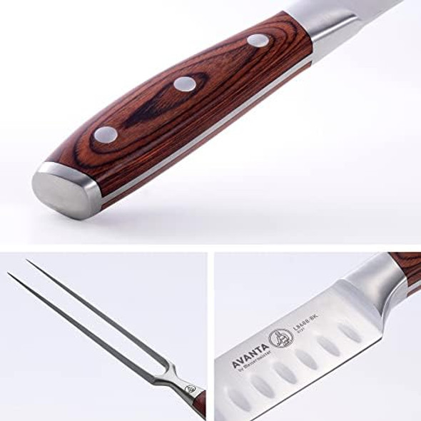 Messermeister Avanta Forged Variety Set - Includes 4 Fine-Edge Steak Knives + Kullenschliff Carving Set With Knife & Fork - German X50 Stainless Steel - Rust Resistant & Easy To Maintain - 6 Pieces