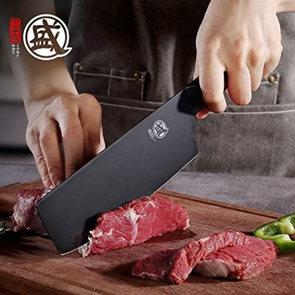 Mitsumoto Sakari 7 Inch Japanese Nakiri Chef Knife Professional Black Titanium Coated Vegetable Kitchen Knife German Premium Alloy Steel Cooking Chef'S Knives (Walnut Handle)