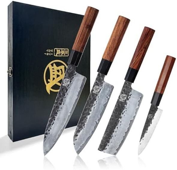 Mitsumoto Sakari Japanese Chef'S Knife Set 4 Pcs Professional Hand Forged Kitchen Chef Knife Set High Carbon Ultra Sharp Cooking Chefs Knife Set (Rosewood Handle & Sandalwood Box) Mitsumoto Sakari Japanese Chef'S Knife Set 4 Pcs Professional Hand Forged Kitchen Chef Knife Set High Carbon Ultra Sharp Cooking Chefs Knife Set (Rosewood Handle & Sandalwood Box)