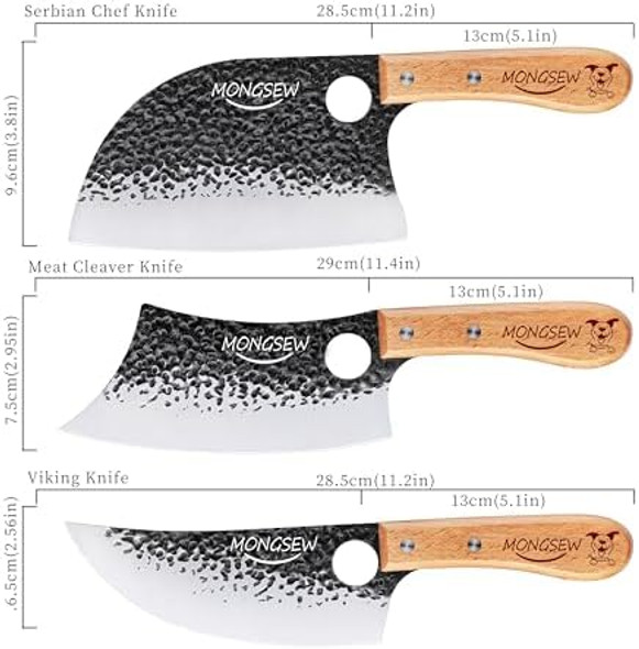 3Pcs Butcher Viking Knife Set Hand Forged 7" Serbian Chef Knife 7" Butcher Meat Cleaver 6.5" Viking Knife (Smile Dog Pattern)