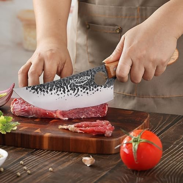 3Pcs Butcher Viking Knife Set Hand Forged 7" Serbian Chef Knife 7" Butcher Meat Cleaver 6.5" Viking Knife (Smile Dog Pattern)