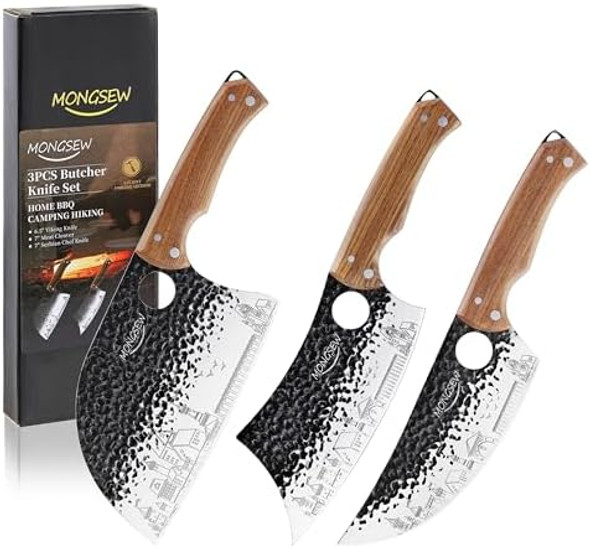 3 Pcs Butcher Knife Set 7" Butcher Meat Cleaver 7" Serbian Chef Knife And 6.5" Viking Knife Stainless Steel Cooking Cutting Kitchen Knife Set With Wood Handle Great For Home Camping Bbq