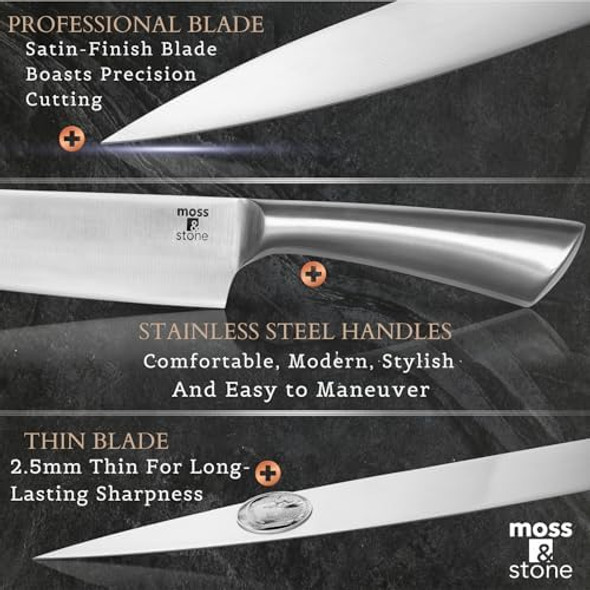 Moss & Stone Professional Kitchen Knife Chef Set 6 Pcs Small Knife Set With Block Premium Kitchen Knife Set Stainless Steel Scratch Resistant & Rust Proof Knife Block With Sharp Cooking Knives Bun