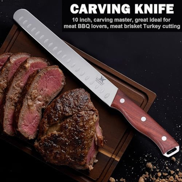 3Pcs Professional Butcher Knives Set Bbq Brisket Beef Slicing Carving Knife Full Tang Rosewood Handle High Carbon Steel Sharp For Meat Watermelon Cutting Home Kitchen s For Men Women