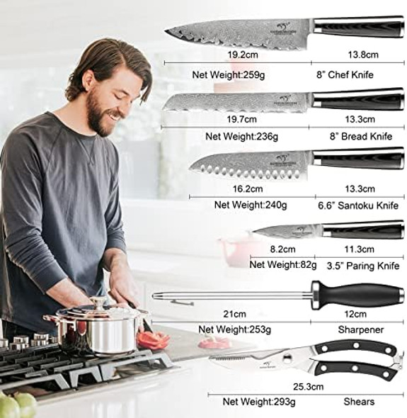 Nanfang Brothers 6-Piece Black Damascus Vg10 Stainless Steel Knife Set With Micarta Handles Includes Chef Bread Santoku Paring Knives Sharpener And Shears