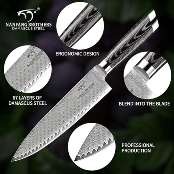 Damascus Chef Knife 8 Inch Professional Kitchen Knife Forged With Vg10 Super Steel 67 Layer Damascus Non-Slip Wood Ergonomic Handle Razor Sharp Lightweight Kitchen Knife Nf-D3100A