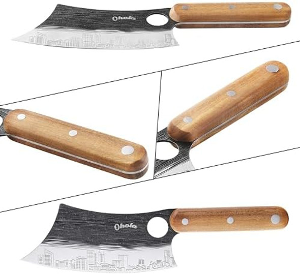 3Pcs Butcher Knife Set Ohola Stainless Steel Butcher Knife Set With Wooden Handle 7" Serbian Chef Knife 7" Butcher Meat Cleaver And 6.5" Viking Knife (Unique Finger Hole & Stylish Pattern)