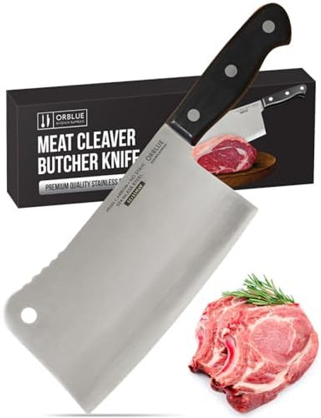 Orblue Premium Meat Cleaver - Stainless Steel Chef Butcher Knife For Cooking - Professional 7-Inch Blade For Precision Cutting - Perfect For Home Kitchen Or Restaurant Orblue Premium Meat Cleaver - Stainless Steel Chef Butcher Knife For Cooking - Professional 7-Inch Blade For Precision Cutting - Perfect For Home Kitchen Or Restaurant