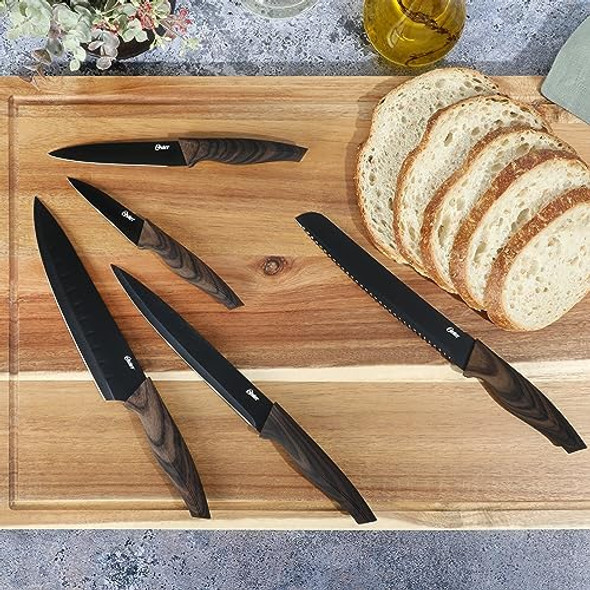 Oster Godfrey 5-Piece Kitchen Cutlery Knife Set W/Black Blade And Wood Look Handle