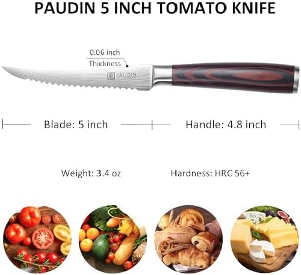 Paudin Utility Knife 5 Inch Kitchen Knife Ultra Sharp High Carbon Stainless Steel Small Chef Knife With Sheath Kitchen Utility Knife With Ergonomic Pakkawood Handle