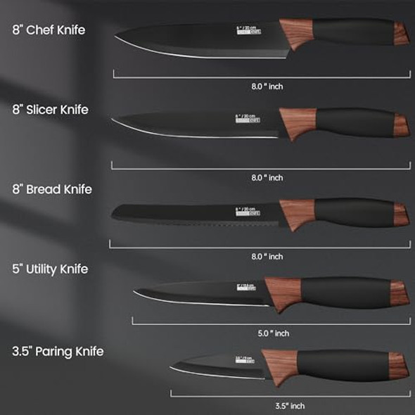 Kitchen Knife Set 5 Pieces Stainless Steel Blades Knife Set With Black Nonstick Coating Ergonomic Sharp Knives For Kitchen And Dishwasher Safe Black