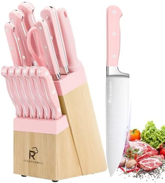 Kitchen Knife Set14-Piece Triple Riveted Knife Block Set High Carbon-Stainless Steel Chef Knife Setrazor-Sharp Knife Set With Wood Blockcutlery Knife Setdurable & Dishwasher Safe (Pink)