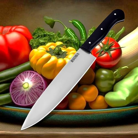 Ryoba Chef Knife - 8 Inch High Carbon Stainless Steel Sharp Kitchen Knife With Ergonomic Handle Box For Family & Restaurant (Black Coating)