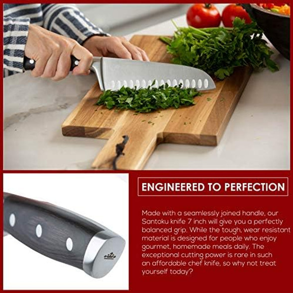 Saken Santoku Knife - 7-Inch Japanese Chef Knife With High-Carbon German Steel Blade Granton Edge And Ergonomic Handle - Multipurpose Kitchen Knife For Mincing Slicing And Dicing