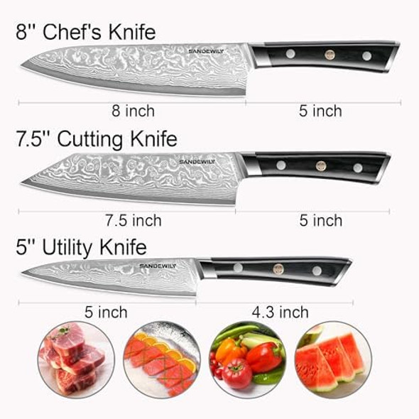 3-Piece Damascus Chef Knife Set – 8” Chef Knife 7.5” Nakiri Knife 5” Paring Knife – Ultra-Sharp Vg10 Core Stainless Steel Full Tang Ergonomic Wood Handle – Japanese Knives For Chefs Home Cooking