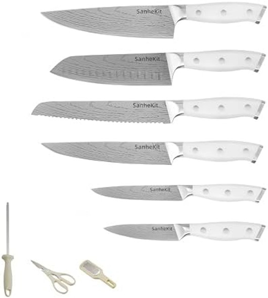 11Pcs Knife Set High Carbon Exclusive German Steel 6 Piece Knife 5Cr15Mov 8" Chef'S Knife 8" Bread Carving Utility Paring Knives Kitchen Scissorsfull Tang Ergonomic White Handle 11Pcs Knife Set High Carbon Exclusive German Steel 6 Piece Knife 5Cr15Mov 8" Chef'S Knife 8" Bread Carving Utility Paring Knives Kitchen Scissorsfull Tang Ergonomic White Handle
